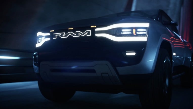 The Ram 1500 Revolution electric truck concept seen from a low angle