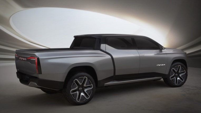 The Ram 1500 Revolution electric truck concept seen from a rear quarter angle
