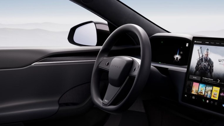 A steering wheel retrofit kit Tesla sells to replace the yoke found in some of its cars