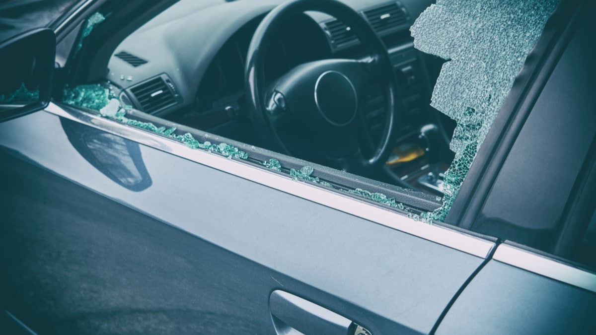 A closeup on a broken car window