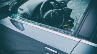 A closeup on a broken car window