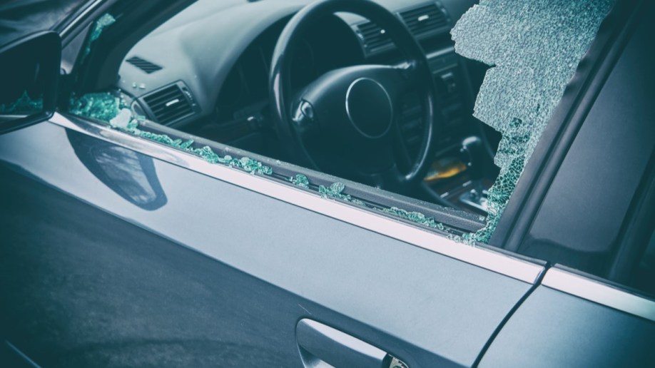 A closeup on a broken car window