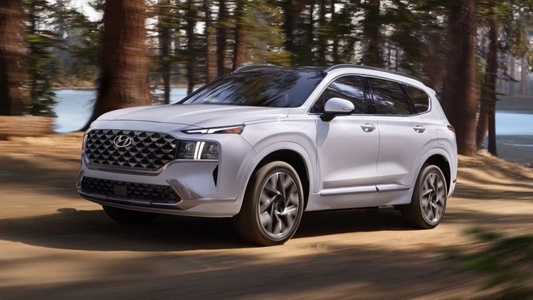 White 2023 Hyundai Santa Fe driving through a forest of trees.