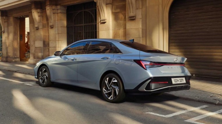 The Korean-market 2024 Hyundai Avante, which is likely the U.S. Market 2024 Hyundai Elantra, seen from a rear quarter angle