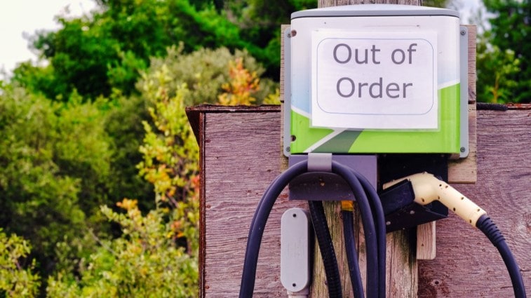 An EV charger with an Out of Order sign