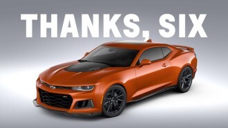 A Chevrolet promotional image saying goodbye to the sixth-generation Camaro. It shows an orange Camaro LT1 in front of the words "Thanks, Six."