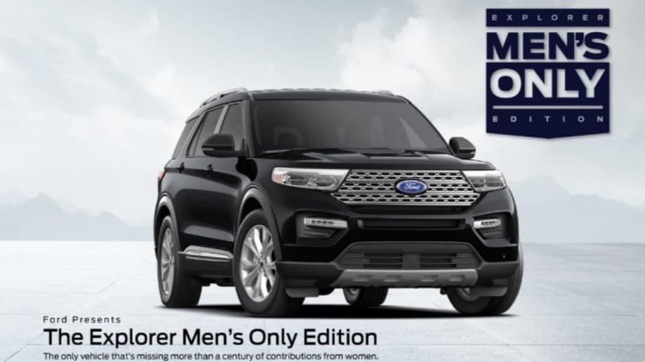 A Ford act depicting the tongue-in-cheek 2023 Ford Explorer Men's Only Edition