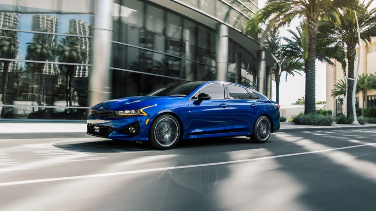 The Kia K5 GT seen from a front quarter angle