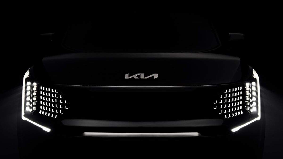 A teaser photo showing the upcoming 2024 Kia EV9's front fascia