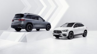 The 2024 Mercedes-Benz GLA seen from a front quarter angle, and GLB seen from a rear quarter angle