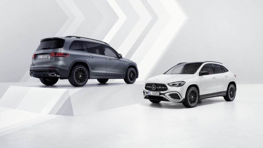 The 2024 Mercedes-Benz GLA seen from a front quarter angle, and GLB seen from a rear quarter angle