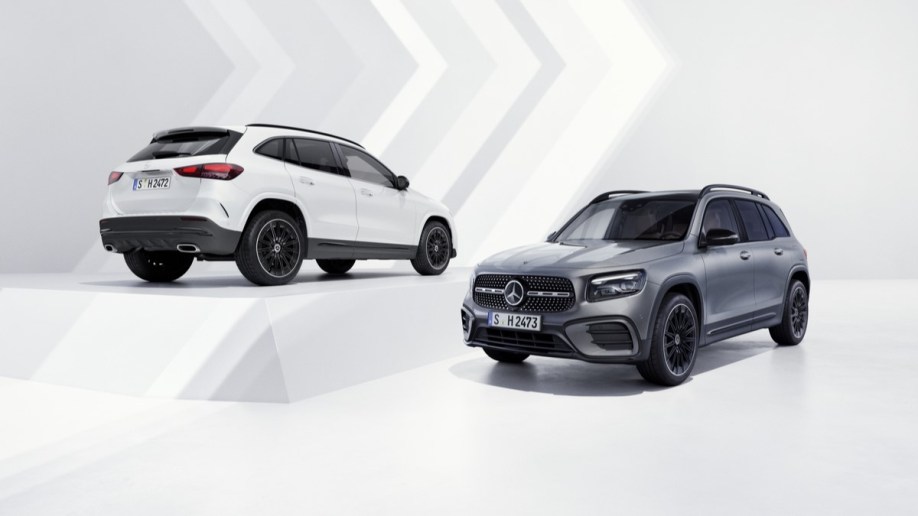 The 2024 Mercedes-Benz GLB seen from a front quarter angle, and GLA seen from a rear quarter angle
