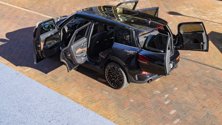 The 2024 Mini Clubman Final Edition seen from overhead with doors open