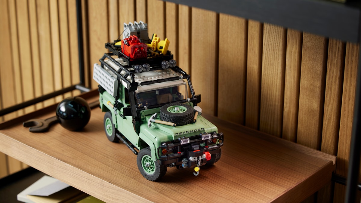 Classic Land Rover Defender 90 Lego set on a shelf.