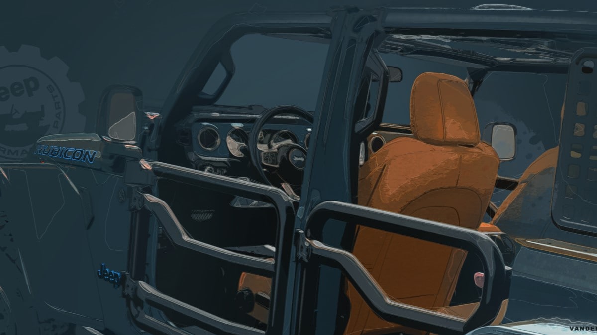 A teaser drawing released ahead of the 2023 Jeep Easter Safari that appears to show a Wrangler Unlimited 4xe with tube doors