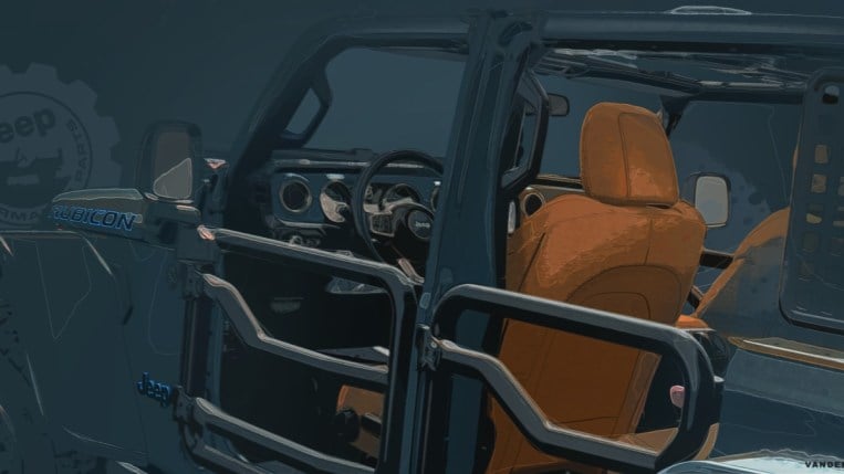 A teaser drawing released ahead of the 2023 Jeep Easter Safari that appears to show a Wrangler Unlimited 4xe with tube doors