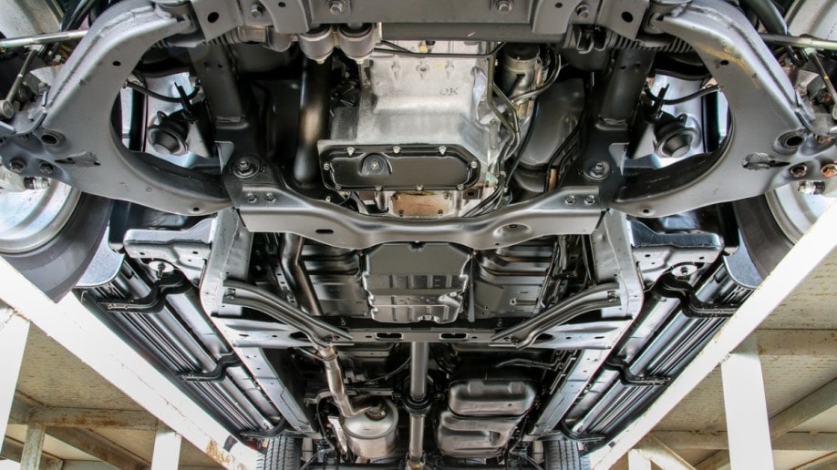 A car frame underneath a vehicle