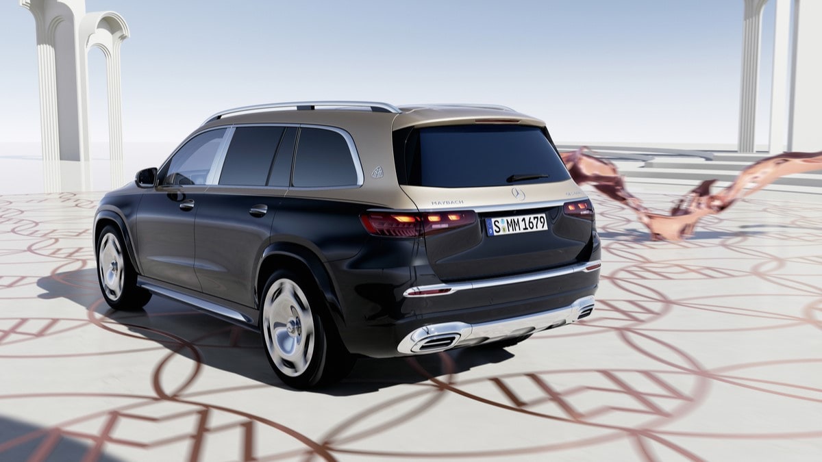 The 2024 Mercedes-Maybach GLS seen from a rear quarter angle