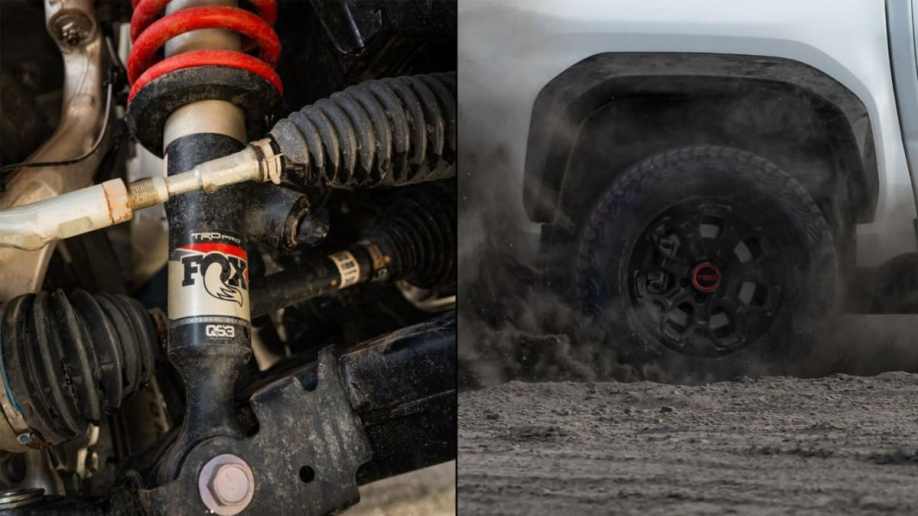 A pair of Toyota-released teasers show the front shocks and rear tires of the 2024 Toyota Tacoma TRD Pro