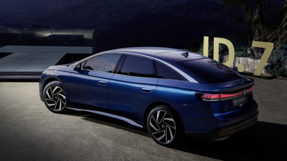 The 2025 Volkswagen ID.7 seen from a rear quarter angle