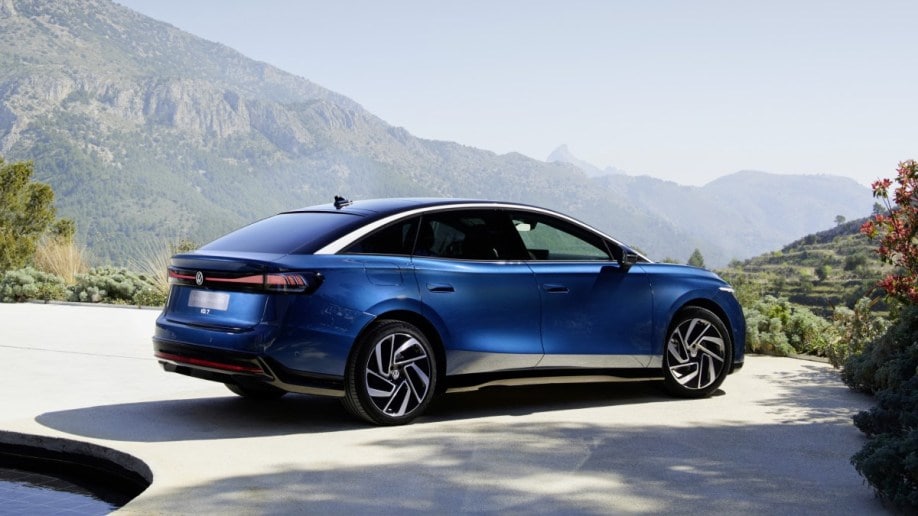The 2025 Volkswagen ID.7 seen from a rear quarter angle
