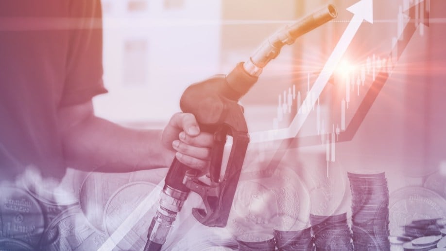 A gas pump superimposed on a rising price chart