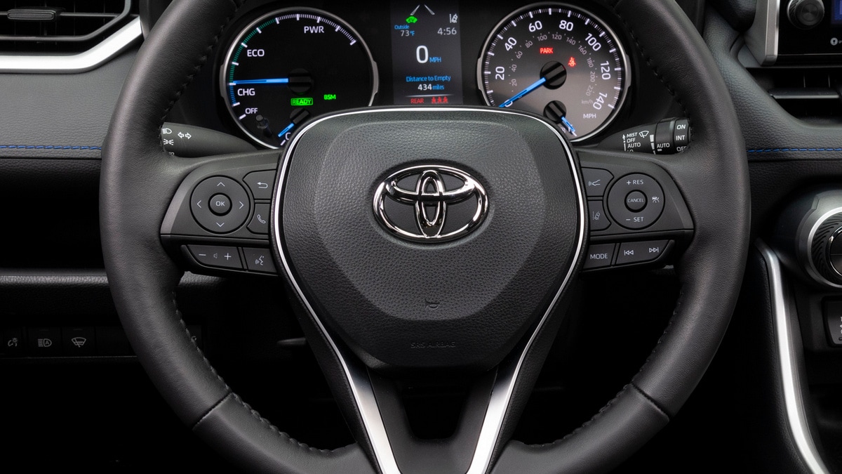 2022 Toyota RAV4 Hybrid steering wheel detail.