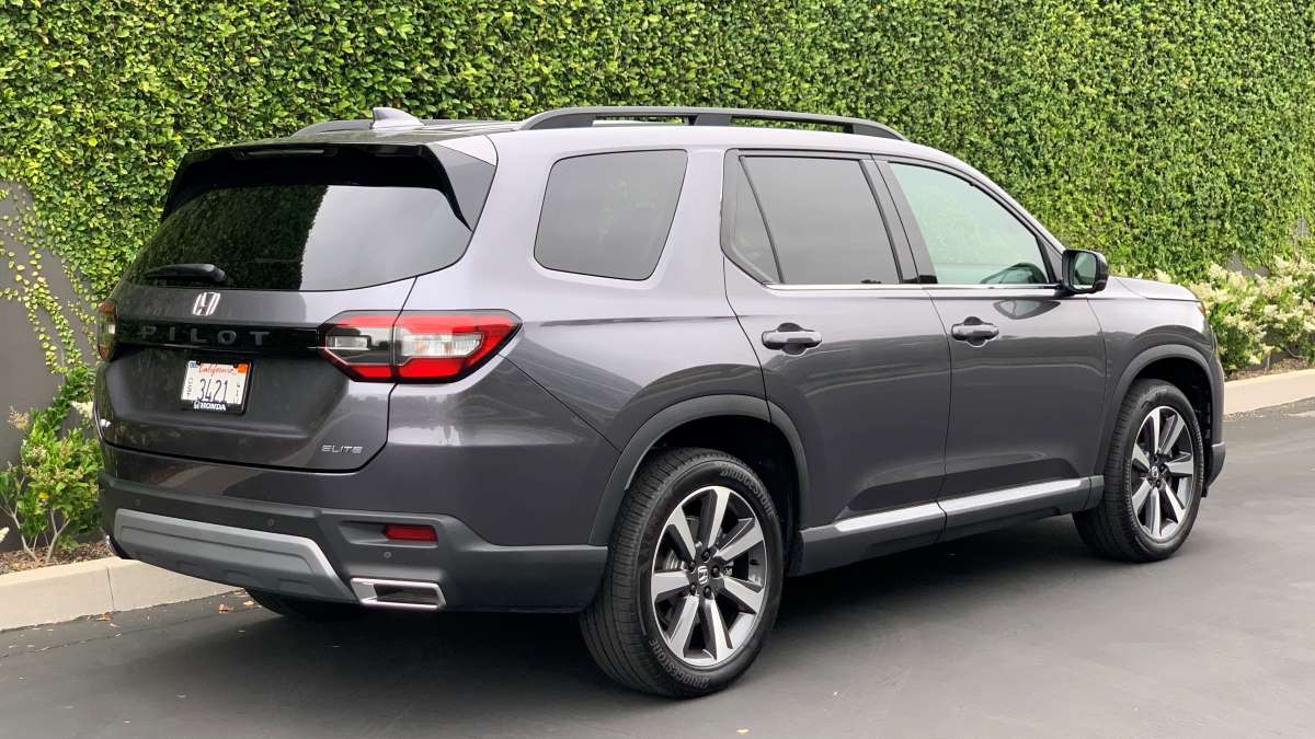 Rear view of our 2023 Honda Pilot AWD Elite test vehicle in Modern Steel Metallic