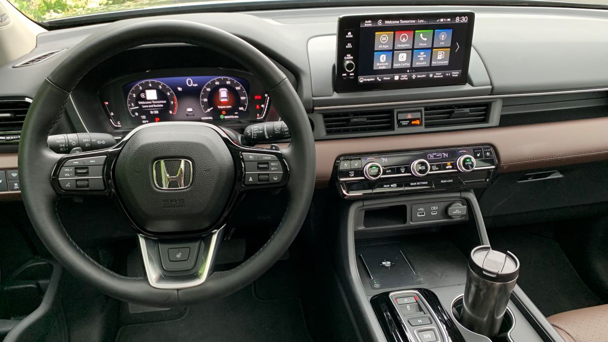 Interior of our 2023 Honda Pilot AWD Elite test vehicle in Modern Steel Metallic