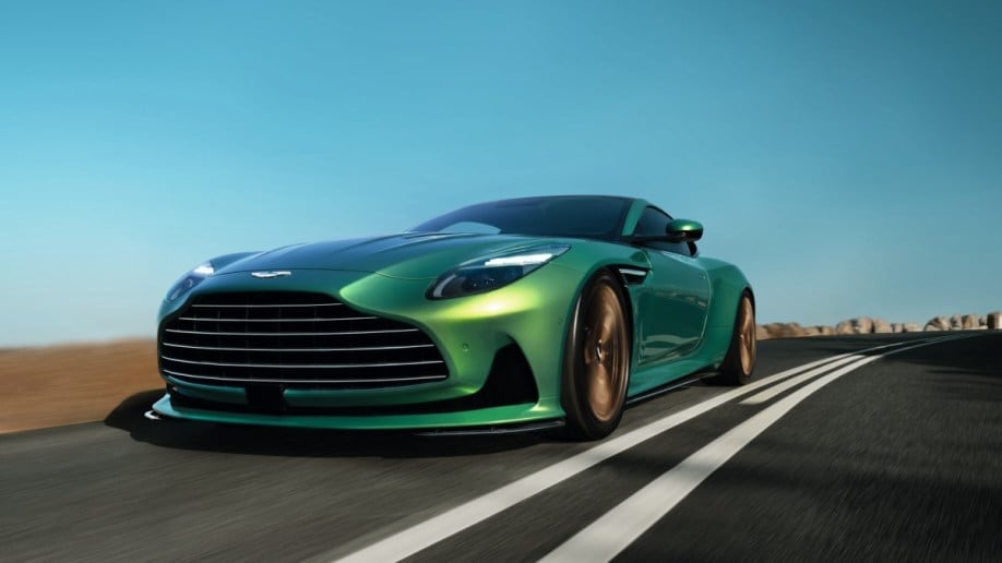The 2024 Aston Martin DB12 seen from a low angle