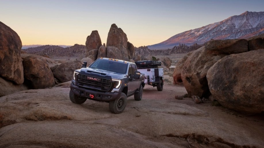 The 2024 GMC Sierra HD Extreme AEV edition seen from a front quarter angle