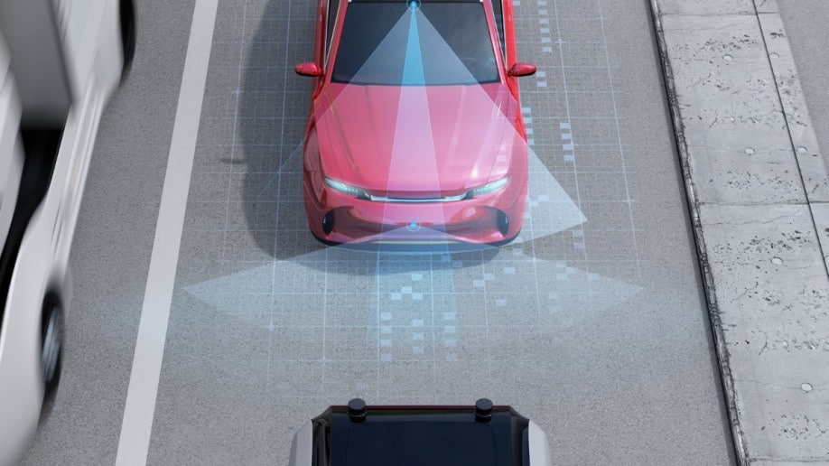 Graphic of a forward collision warning system in a car