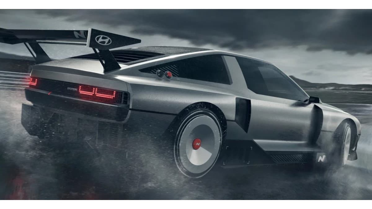 The Hyundai N Vision 74 Concept seen from a rear quarter angle