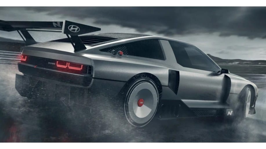 The Hyundai N Vision 74 Concept seen from a rear quarter angle