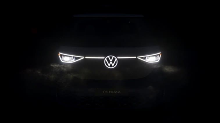 A teaser photo showing the lights of the Volkswagen ID.BUZZ electric minivan