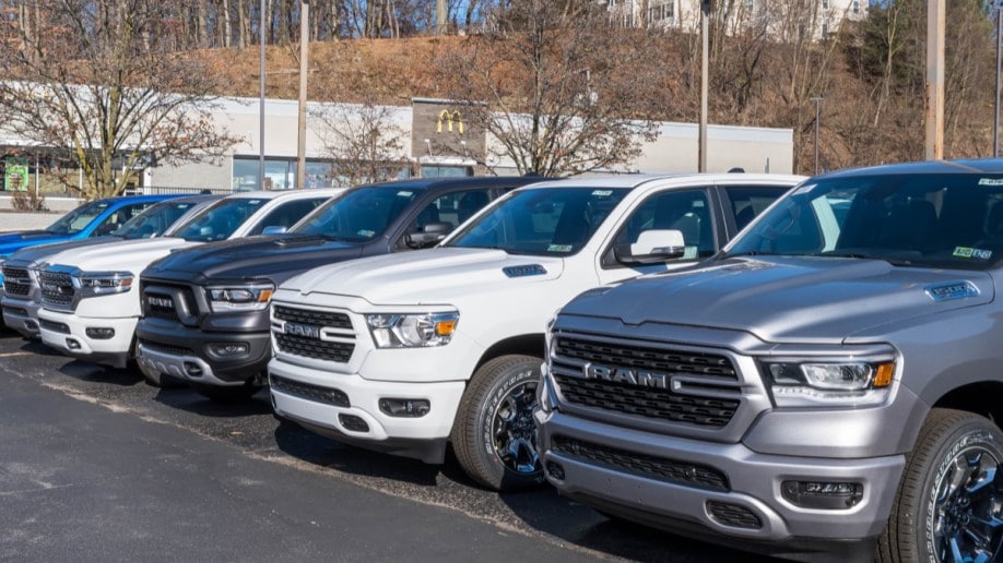Ram trucks lined up in a dealership lot