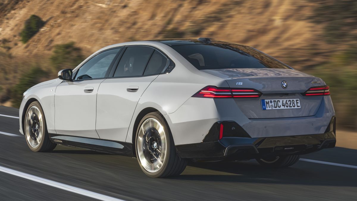 Rear view of the 2024 BMW i5 electric luxury sedan