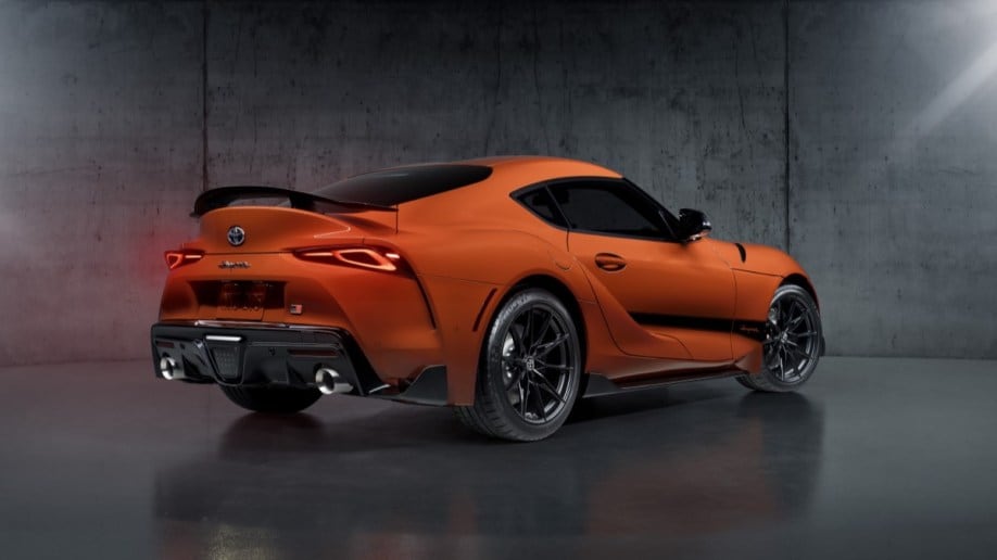 The 2024 Toyota GR Supra 45th Anniversary Edition seen from a rear quarter angle