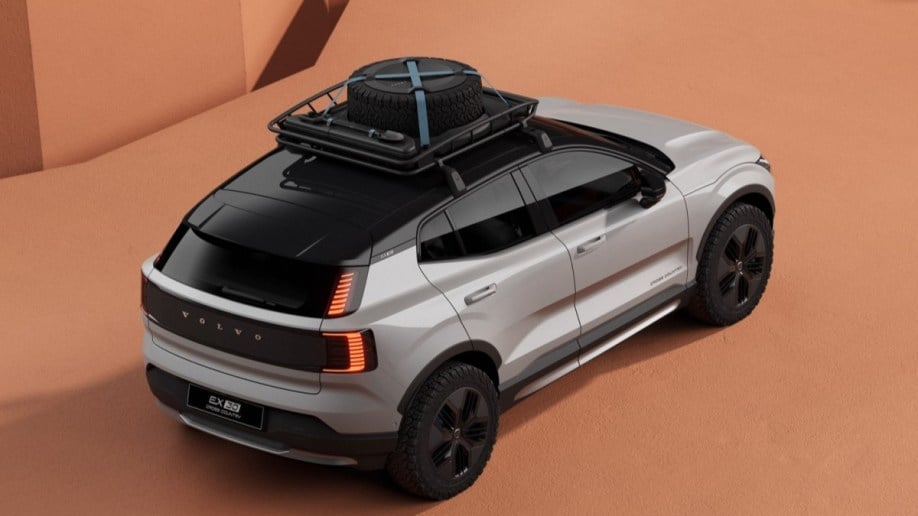 The 2025 Volvo EX30 Cross Country seen from an overhead rear angle