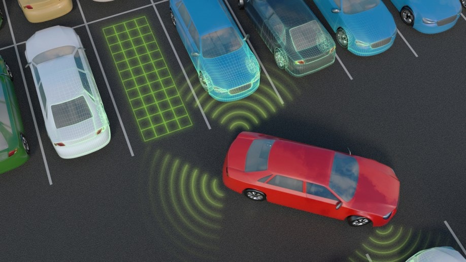 Car is parking with autonomous self-driving parking assistant.