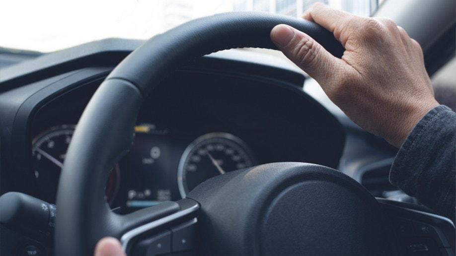 Steering wheel with male hands.