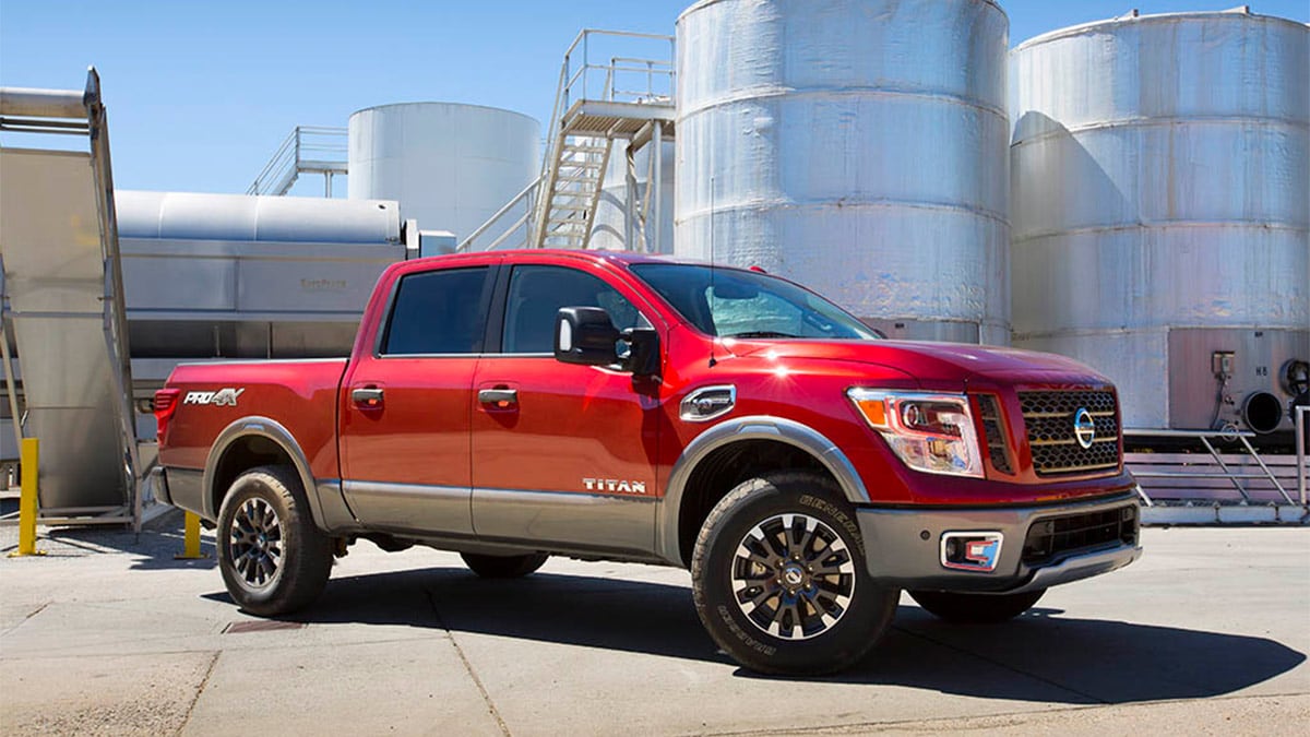 2017 Nissan Titan in red.