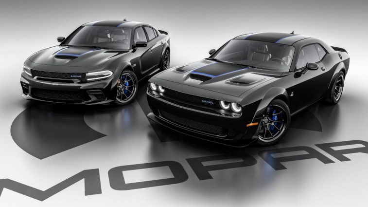 The 2023 Dodge Charger and Challenger Mopar Editions seen from a front quarter angle