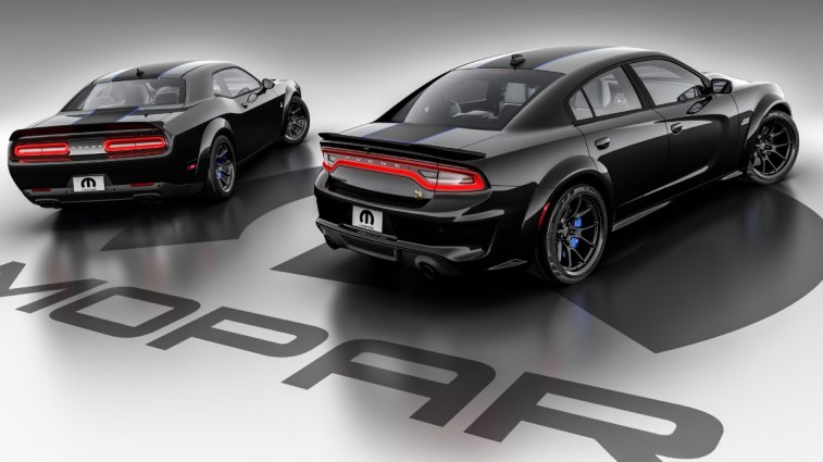 The 2023 Dodge Charger and Challenger Mopar Editions seen from a rear quarter angle