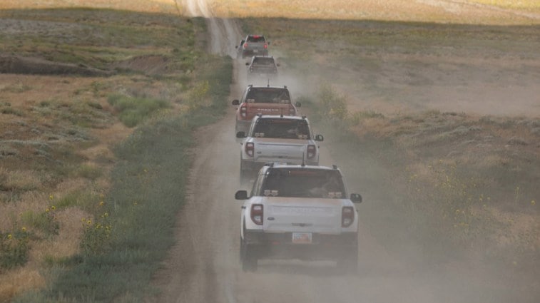 A group of 2023 Ford Bronco Sports seen from the rear at the Ford Bronco Off-Roadeo