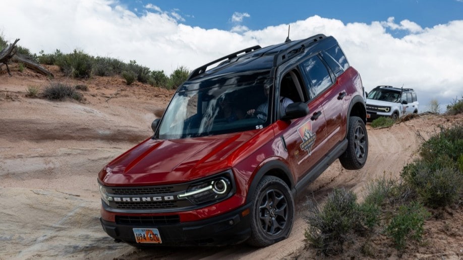 The 2023 Ford Bronco Sport at a tough angle at the Ford Bronco Off-Roadeo