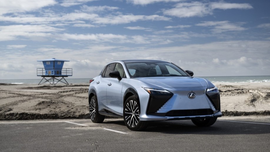 The 2023 Lexus RZ 450e from a front quarter angle