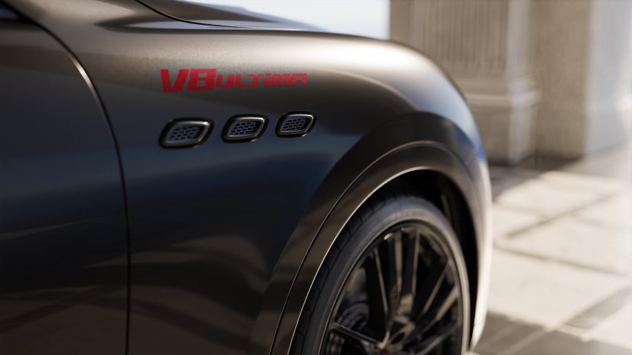 The unique badge and fender portholes of the Maserati Levante V8 Ultima