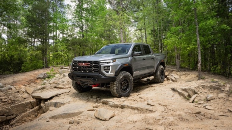 The 2024 GMC Canyon AT4X AEV edition seen from a front quarter angle