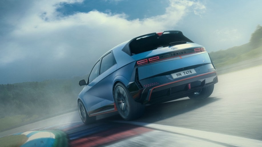 The 2024 Hyundai Ioniq 5 N seen from a rear quarter angle